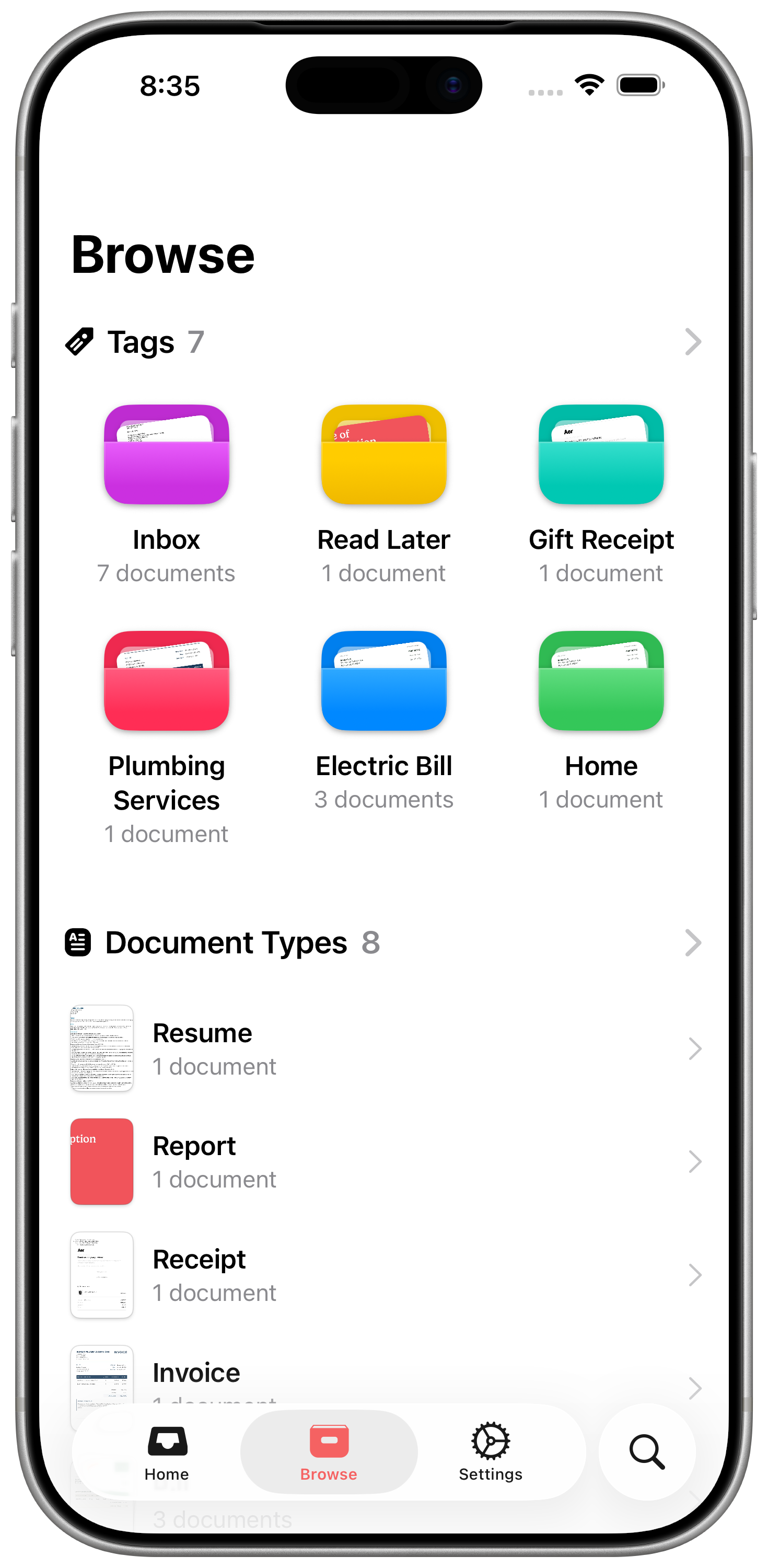 Afterpage document organization interface